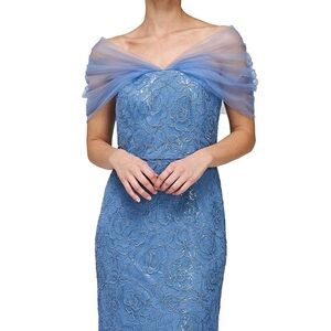Blue Off the Shoulder Cap Sleeve Gown for Wedding Guest